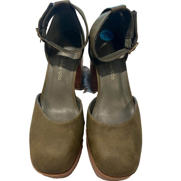 House Of Harlow Olive Green Platform Mary Jane Chunky Block Heels Wooden 7.5 - Picture 2 of 8
